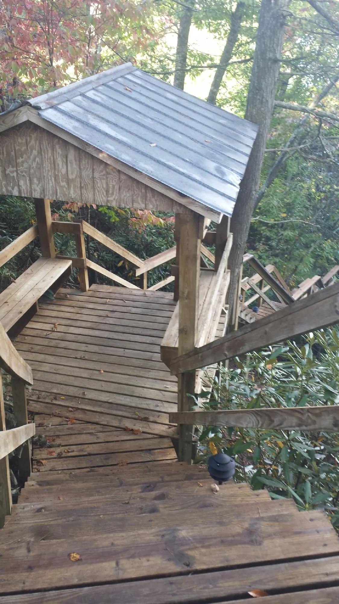 Metal roofed shelter over wooden steps on a wooded walkway — Skylight Repair & Installation work by our crew in Enoree